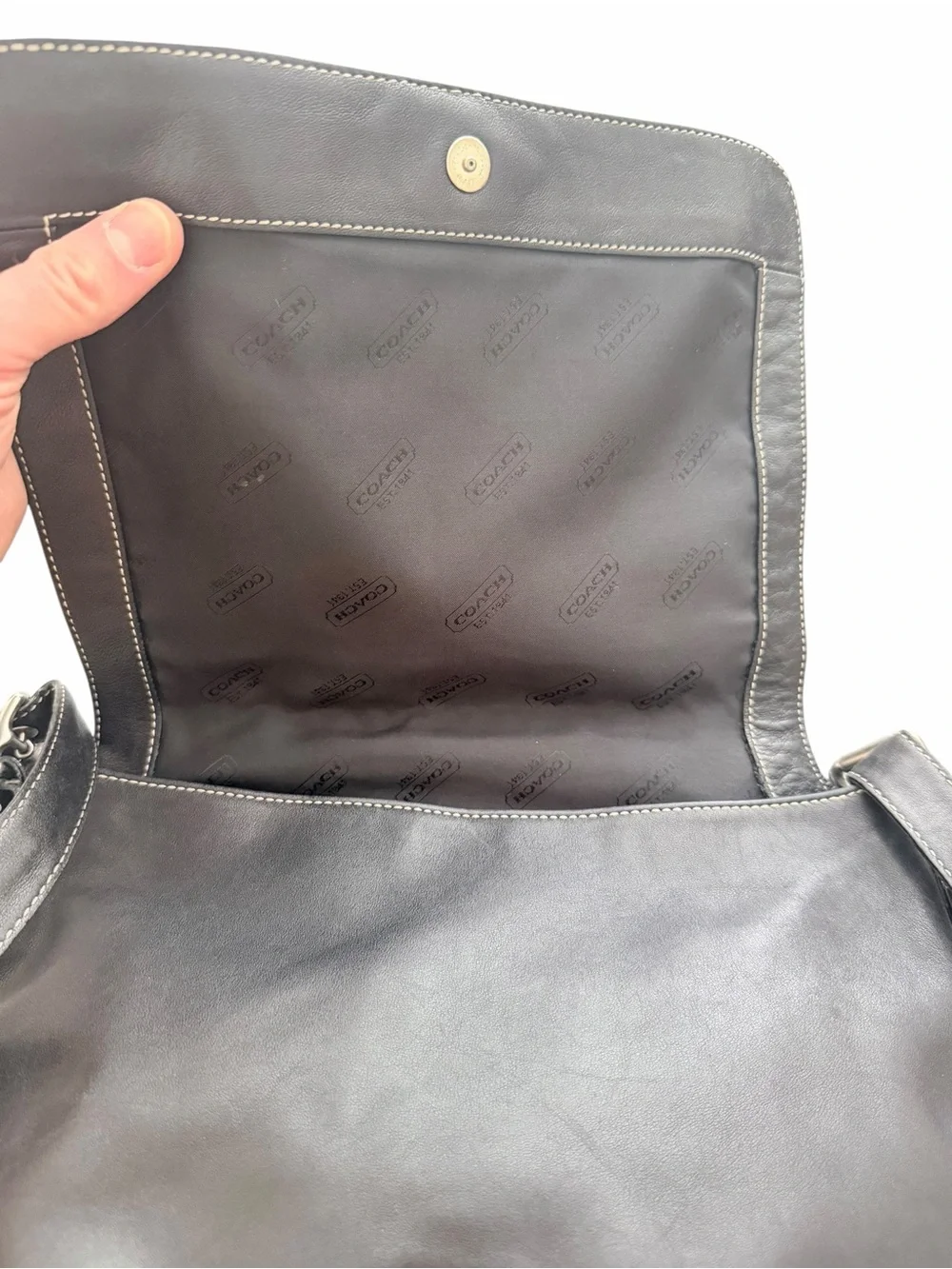 Coach Black Leather Messenger Bag with Contrast Stitching